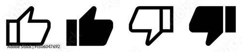 Set of thumbs up and thumbs down icons in outline and solid style. Suitable for feedback, voting, review, approval, and disapproval illustrations. Icons, vector, like, dislike.