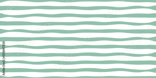 Seamless pattern of soft green wavy horizontal stripes on a white background, creating a soothing and minimalist design texture. Vector illustration
