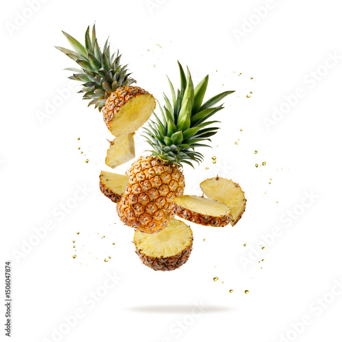 Fresh ripe tropical fruit pineapple and slices with juice drops flying isolated on yellow color background.
