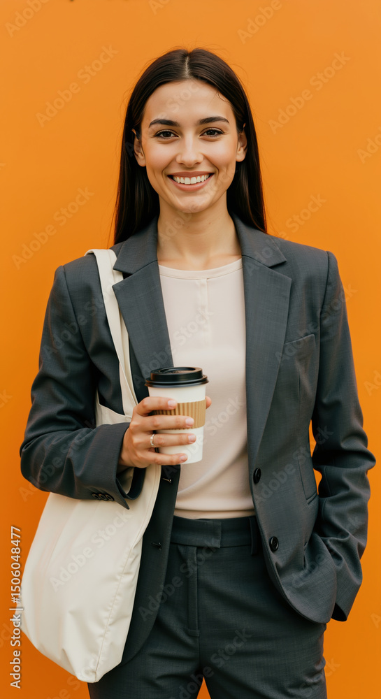 Smiling young businesswoman in gray suit holding coffee and bag on orange background. Professional workplace wellness and business communication Smiling young businesswoman in gray suit holding coffee and bag on orange background. Professional workplace wellness and business communication