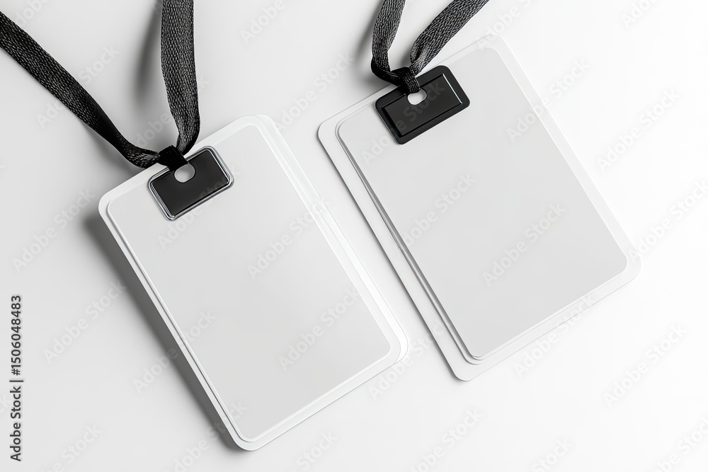 Fototapeta premium Two blank white ID cards with black ribbons