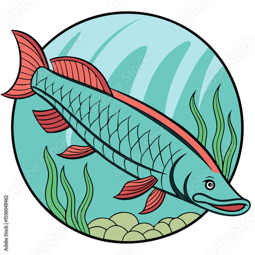 Realistic full-body illustration of Arapaima, a stunning large freshwater aquarium fish, perfect for aquatic-themed design and digital projects.