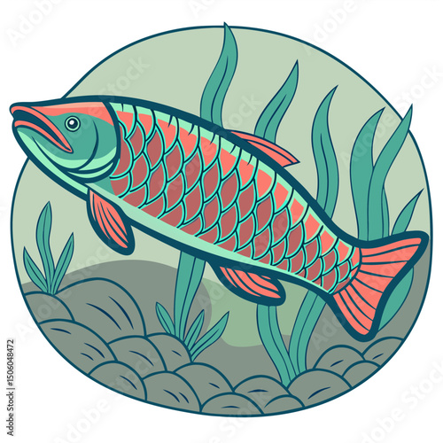 Realistic full-body illustration of Arapaima, a stunning large freshwater aquarium fish, perfect for aquatic-themed design and digital projects.