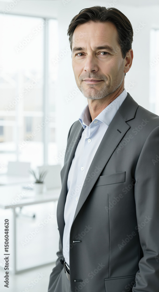 Mature businessman in grey suit standing against modern office window with city view. Executive leadership for corporate business and financial services Mature businessman in grey suit standing against modern office window with city view. Executive leadership for corporate business and financial services