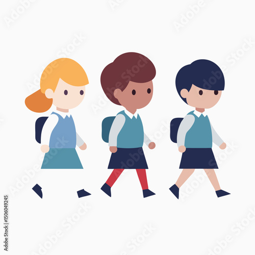 Three Diverse Schoolgirls Walking Together to School in Uniforms with Backpacks on a White Background in Vector Format