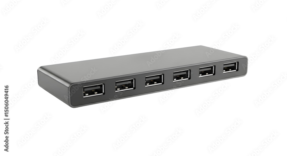 Grey USB Hub with Five Ports on White Background Grey USB Hub with Five Ports on White Background