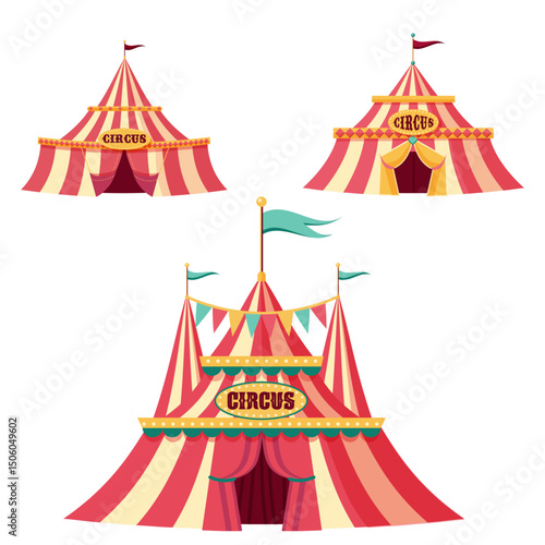 Colorful vector circus tents set. Carnival festival marquees with flags and banners. Bright cartoon illustration on white background. Perfect for posters, invitations, and games.