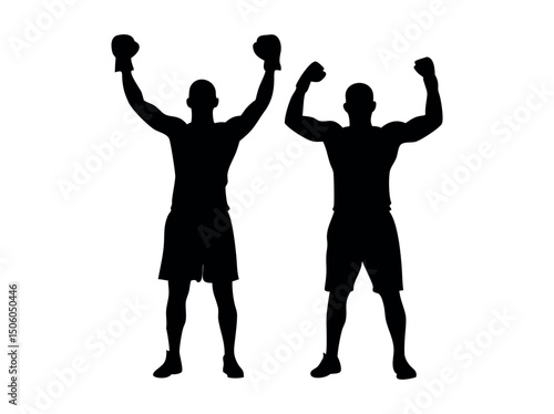 Boxers Celebrating a Victory in Silhouettes Set, black silhouettes of male boxers in victory poses, arms raised high, wearing boxing shorts and gloves. boxing, champion, victory, celebration, silhouet