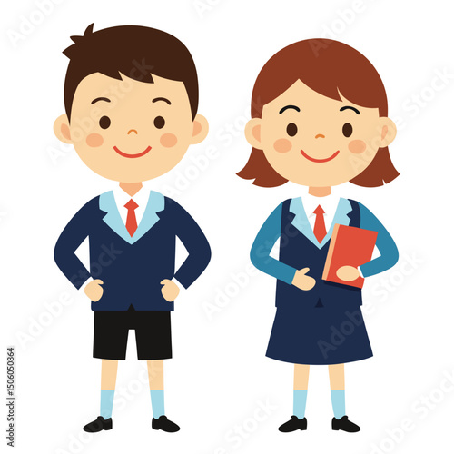Illustration of a boy and girl in school uniforms standing side by side smiling ready to learn in cartoon vector style