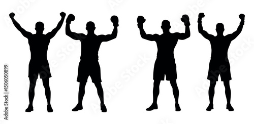 Boxers Celebrating a Victory in Silhouettes Set, black silhouettes of male boxers in victory poses, arms raised high, wearing boxing shorts and gloves. boxing, champion, victory, celebration, silhouet