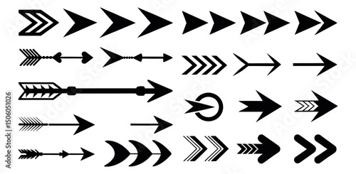 Set of Various Black Arrow Icons on White Background,  collection of diverse arrow icons in a bold black silhouette against a clean white arrow icons, perfect for user interface (UI) design, icon, i