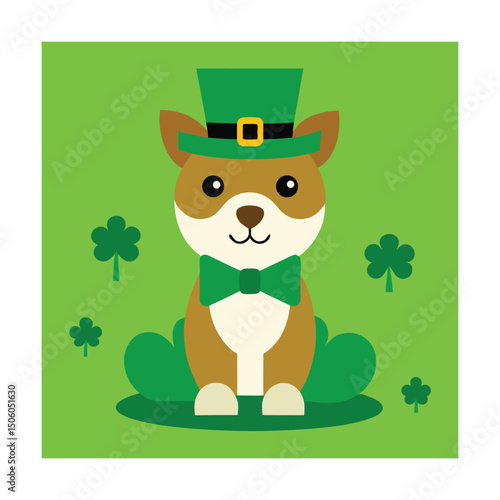 Cute Dog Wearing a Leprechaun Hat and Bow Tie Sitting