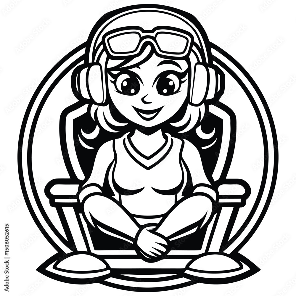 Cartoon girl in headphones and glasses, seated in a cockpit Cartoon girl in headphones and glasses, seated in a cockpit