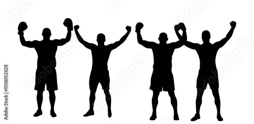 Boxers Celebrating a Victory in Silhouettes Set, black silhouettes of male boxers in victory poses, arms raised high, wearing boxing shorts and gloves. boxing, champion, victory, celebration, silhouet