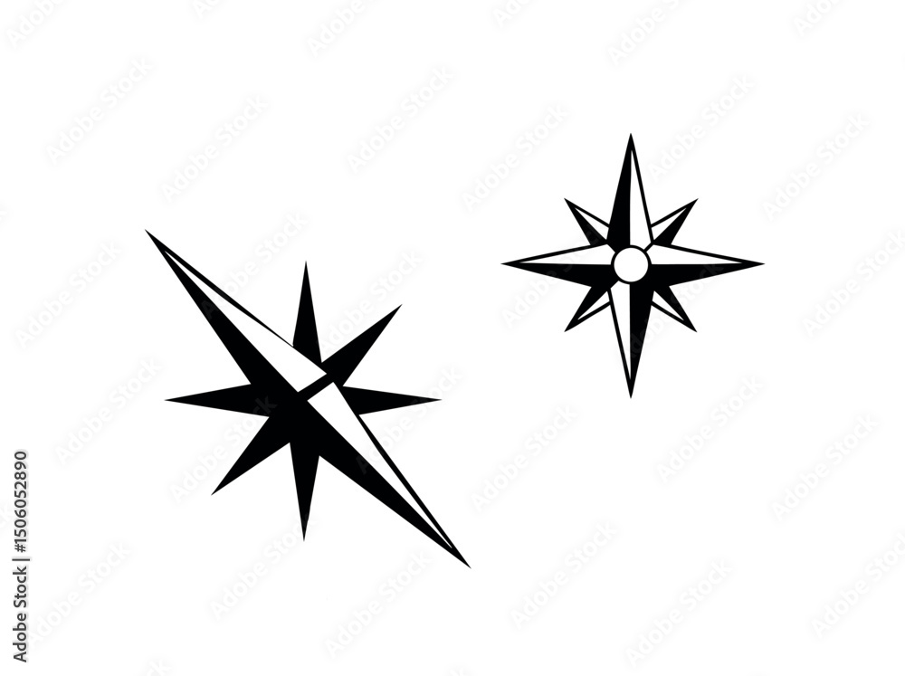 Fototapeta premium Two stylized compass roses against a white background, showcases two distinct compass rose designs. star, navigation, graphic design, logo, symbol, design element, vector, illustration, black and whit