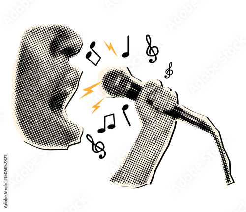 Trendy halftone collage singing mouth and hand holding microphone,singing concept,contemporary collage elements
