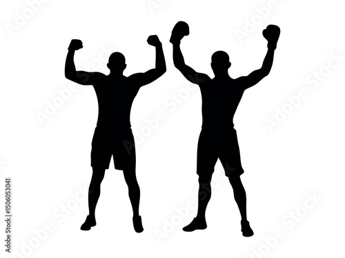 Boxers Celebrating a Victory in Silhouettes Set, black silhouettes of male boxers in victory poses, arms raised high, wearing boxing shorts and gloves. boxing, champion, victory, celebration, silhouet