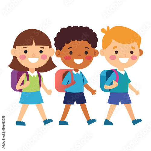 Three Diverse Elementary School Children Walking Together to School with Backpacks and Smiling on a White Background