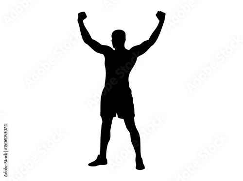 Silhouetted boxer celebrating victory, powerful silhouette of a male boxer celebrating a win, celebration, triumph, success, achievement, athlete, sportsman, muscular, silhouette, black and white, act