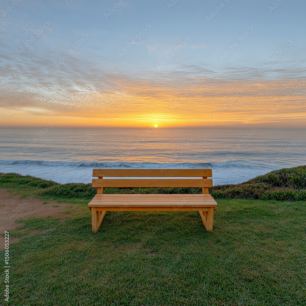 Wooden Bench Facing Ocean Sunset on Coastal Path Wooden Bench Facing Ocean Sunset on Coastal Path