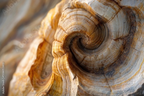 Close-up reveals a petrified wood texture with swirling, concentric patterns and subtle hues, showcasing nature's artistry frozen in time.
