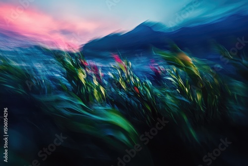 Abstract landscape featuring blurred grass, a dark mountain silhouette, and a pink and blue sky, evoking a sense of mystery and movement.