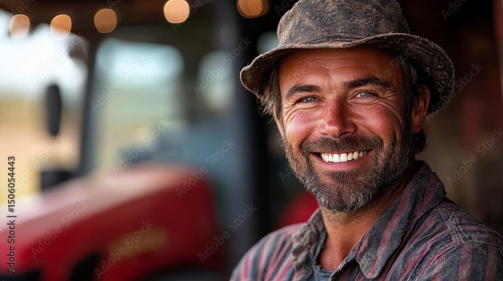 Smiling man with weathered hat, stands before a red tractor, rustic and earnest look Smiling man with weathered hat, stands before a red tractor, rustic and earnest look