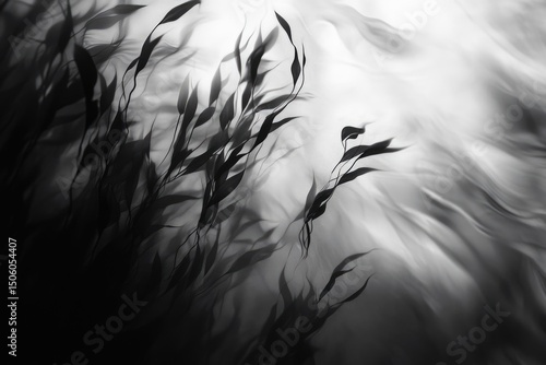 Monochromatic depiction of seaweed underwater, swaying gently in the current, with sunlight filtering through, creating a soft and ethereal effect.