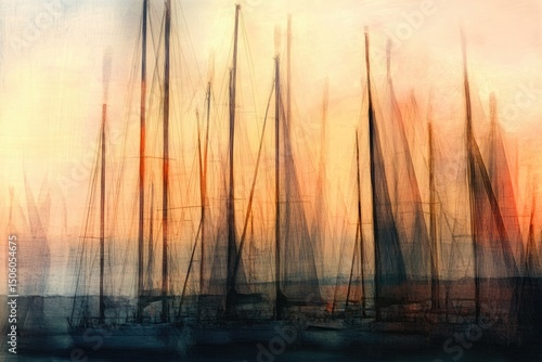 Abstract depiction of sailboats with tall masts against a warm-toned sunset, created in an impressionistic style.