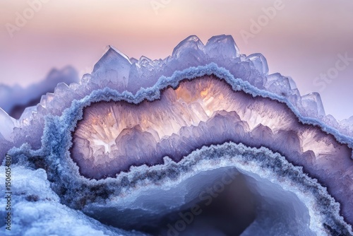 A macro shot reveals the intricate details of a purple and white agate geode, showcasing its layered crystalline structure.
