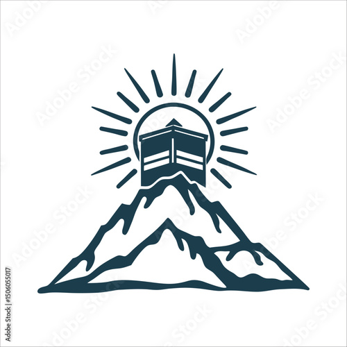 Arafat Day Mountain peak Mount Arafat with sun rays fanning upward - Kaaba on Mount Arafat Icon with Sun Rays