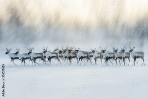 A line of reindeer traverses a snowy landscape, rendered with artistic motion blur, creating a sense of dynamic movement.