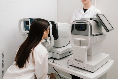 Fotografie Eye exam with modern autorefractor and OCT machines