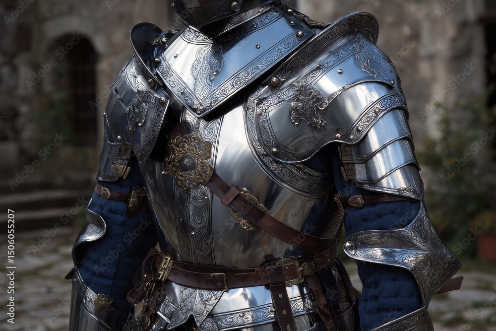 Fototapeta premium Medieval Sentinel – Polished Steel Armor on Azure.