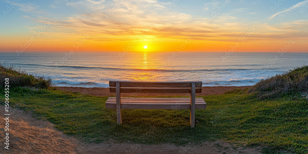 Wooden Bench Facing Ocean Sunset on Coastal Path Wooden Bench Facing Ocean Sunset on Coastal Path