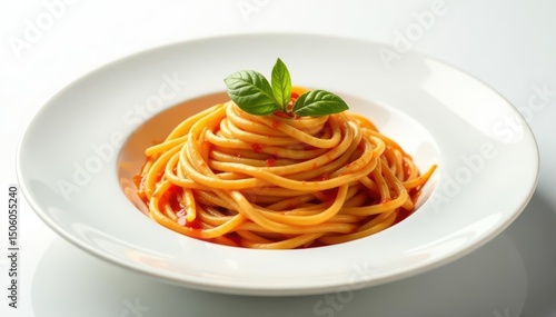 Elegant pasta dish, swirl of sauce, white backdrop , shot, studio, fresh