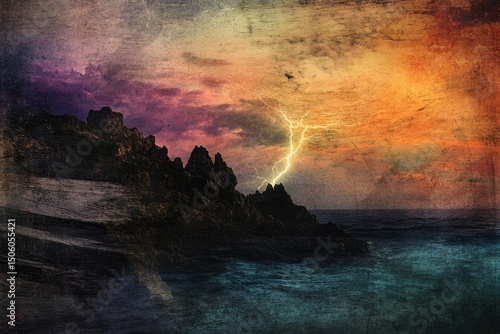 Dramatic stormy seascape featuring a lightning strike over a rocky coast, with a textured, vintage aesthetic.