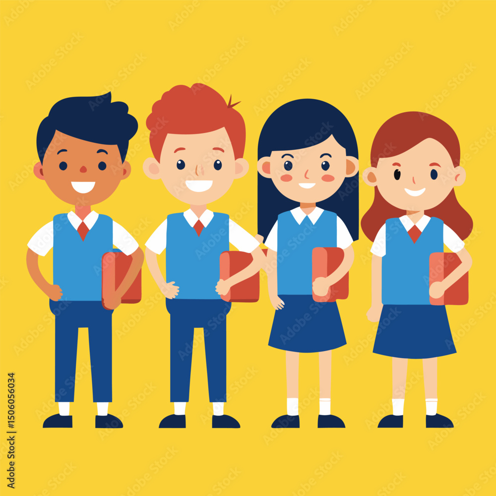 Group of Smiling Students in Uniform Holding Books on a Yellow Background Representing Education Diversity and the Joy of Learning Together Group of Smiling Students in Uniform Holding Books on a Yellow Background Representing Education Diversity and the Joy of Learning Together