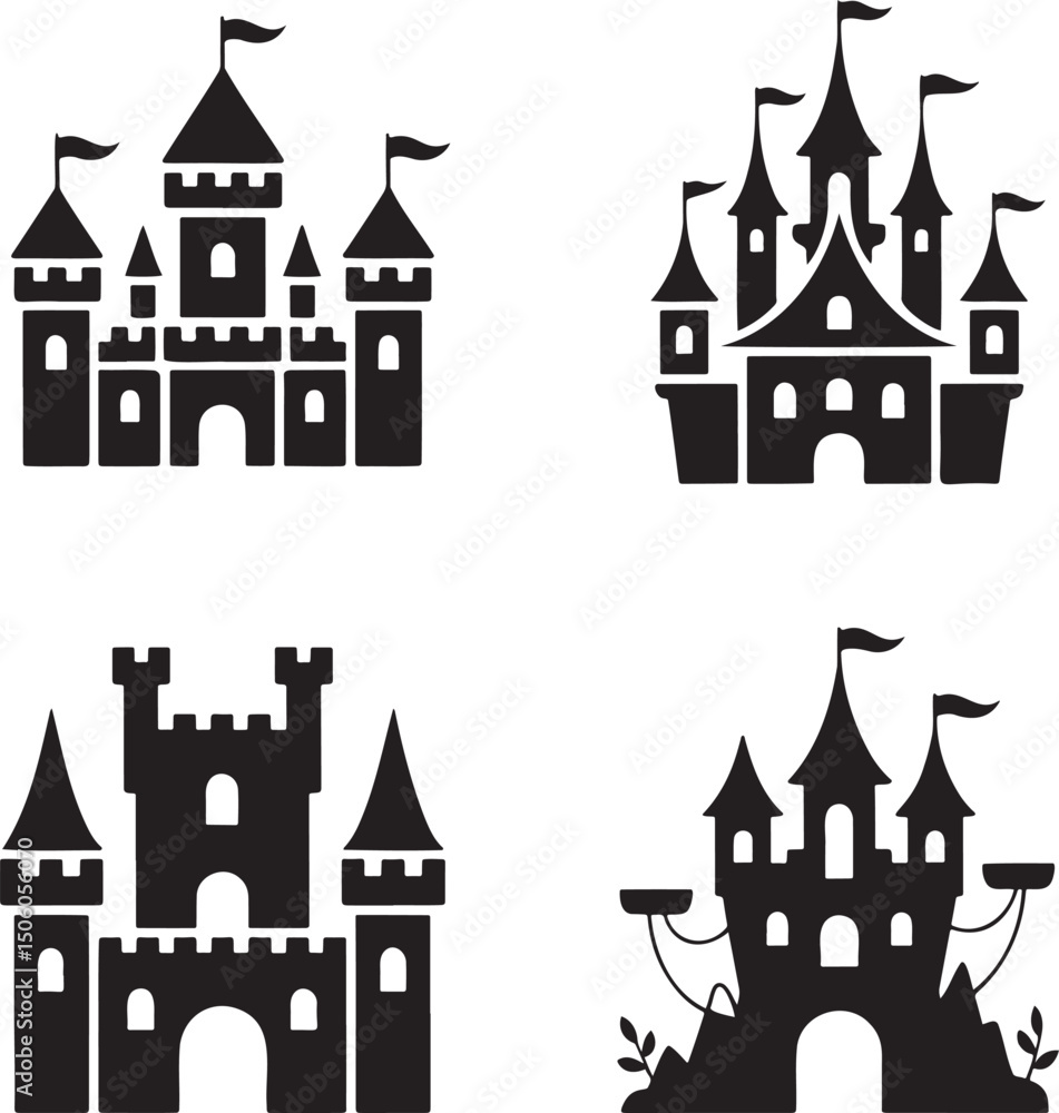 Obraz premium Fantasy Magic Castle silhouette set vector isolated On Transparent Background