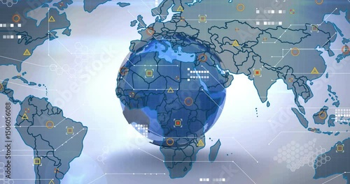 Emerging blue globe growing and rotating eastward while fading digital grid icons showing data