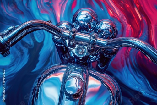 A vibrant, close-up shot of chrome motorcycle handlebars, showcasing reflections and a dynamic, abstract blue and red background in vivid colors.