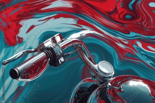 Motorcycle chrome handlebars and tank shown against a vibrant, swirled red and cyan backdrop, emphasizing reflective surfaces.