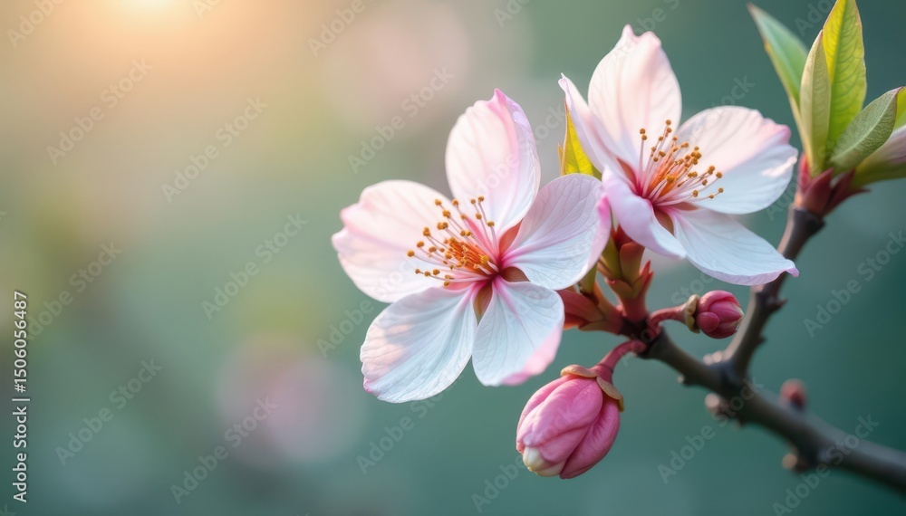Fototapeta premium Subtle pastel blossoms, delicate leafwork, soft focus, textile, pattern, pastel tapestry