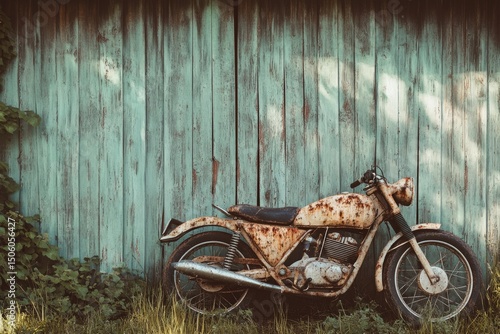 Rustic motorcycle stands weathered by time against an aged wooden fence and overgrown foliage creating a nostalgic scene.