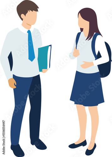 Isometric Illustration of Two Students Talking One Holding a Notebook and the Other with a Backpack on White Background