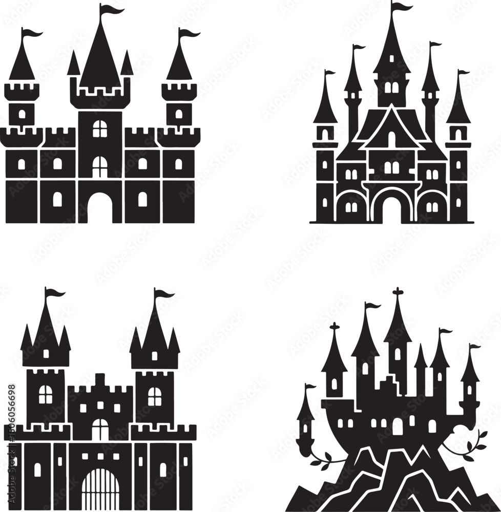 Obraz premium Fantasy Magic Castle silhouette set vector isolated On Transparent Background