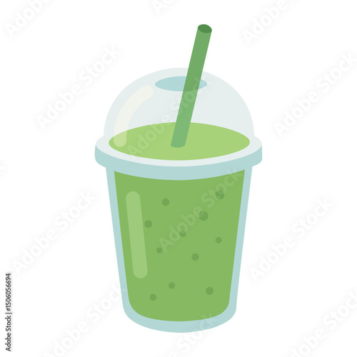 Green smoothie in plastic cup with straw, cartoon flat style healthy drink illustration.