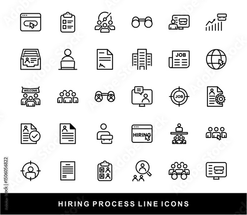 Hiring Process Line Icons. Recruitment, Job Application, Interview, Candidate Selection Vector Set	
