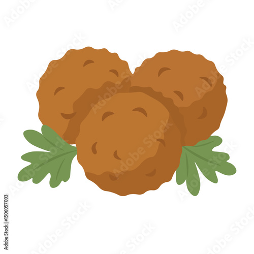 Three crispy falafel balls with herbs, cartoon flat style healthy food illustration.