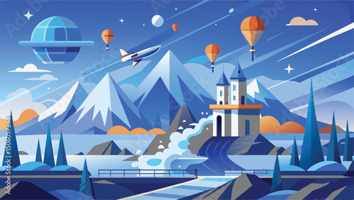 Futuristic Fantasy Landscape with Castle and Hot Air Balloons – Geometric Vector Illustration